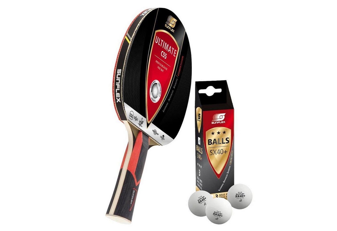 Sunflex Tischtennisschläger - Ultimate C55 + 3x SX+ Bälle, Tischtennis Schläger Set Tischtennisset Table Tennis Bat Racket Sunflex Tischtennisschläger - Ultimate C55 + 3x SX+ Bälle, Tischtennis Schläger Set Tischtennisset Table Tennis Bat Racket von Sunflex