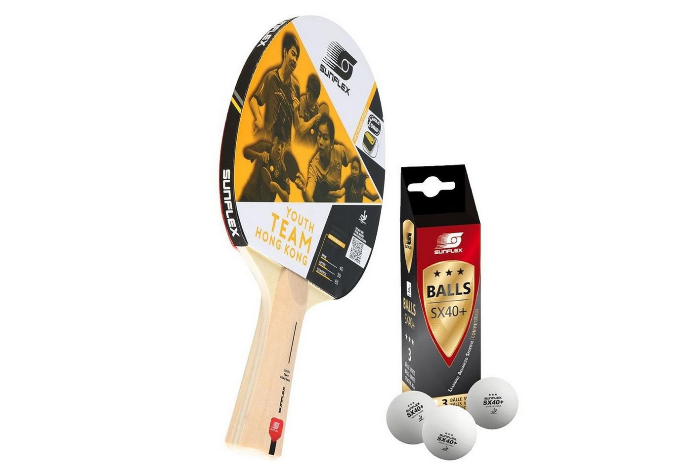 Sunflex Tischtennisschläger Youth Team Hong Kong + 3x SX+ Bälle, Tischtennis Schläger Set Tischtennisset Table Tennis Bat Racket von Sunflex