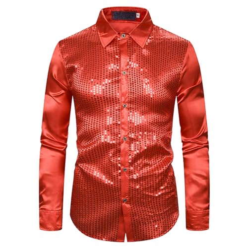 1 Cent Artikel, Silvester Hemd Herren Langarm Regular Fit Glitzer Outfit Disco 70er Karneval Kostüm Shirt Party Pailletten Freizeithemd Knopfleiste Glitzerhemd Trachtenhemd von Sunnyuk