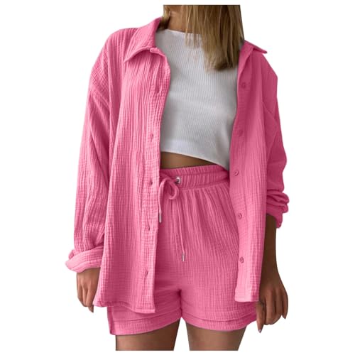 1 Cent Artikel, Zweiteiler Damen Sommer Outfits Musselin Bluse und Shorts, Aesthetic 2 Teiler Lounge Set Elegant Baumwolle Sportanzug Oversize Hosenanzug Langarm Hausanzug Y2K Clothes von Sunnyuk