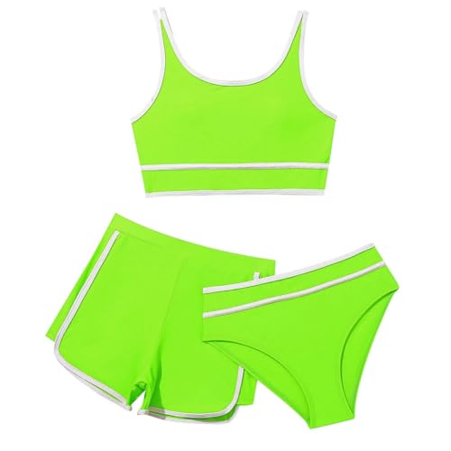 3 Stück Mädchen Bikini Sets Schwimmanzug Kinder Einfarbiges Strand Bademode Bikini Oberteil mit Triangel Bikinihose Und Kurz Shorts Teenager Badeanzüge mit Verstellbare (B01-Light Green, 9-10 Years) von Sunnyuk