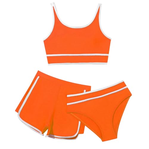 3 Stück Mädchen Bikini Sets Schwimmanzug Kinder Einfarbiges Strand Bademode Bikini Oberteil mit Triangel Bikinihose Und Kurz Shorts Teenager Badeanzüge mit Verstellbare (B01-Orange, 13-14 Years) von Sunnyuk