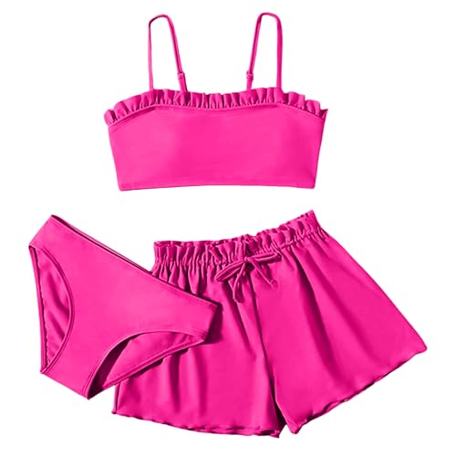 3 Stück Mädchen Bikini Sets Schwimmanzug Kinder Einfarbiges Strand Bademode Bikini Oberteil mit Triangel Bikinihose Und Kurz Shorts Teenager Badeanzüge mit Verstellbare (C01-Hot Pink, 12-14 Years) von Sunnyuk