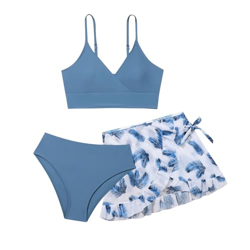 3 Stück Mädchen Bikini Sets Schwimmanzug Kinder Einfarbiges Strand Bademode Bikini Oberteil mit Triangel Bikinihose Und Kurz Shorts Teenager Badeanzüge mit Verstellbare (W01-Blue, 11-12 Years) von Sunnyuk