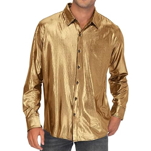 70er Jahre Outfit Herren Hemd, Glitzerhemd Herren XL Disco Langarm Glitzer Hemd 70er Regular Fit Karneval Kostüm Shirt Party Pailletten Silvester Trachtenhemd Knopfleiste Outfit Freizeithemd von Sunnyuk