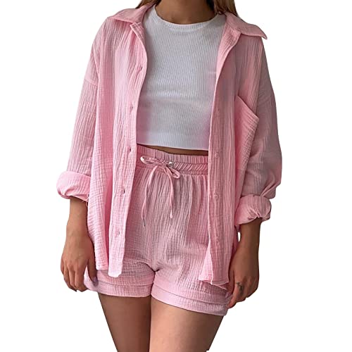 Aesthetic Clothes y2k, Zweiteiler Damen Sommer Outfits Musselin Bluse und Shorts, Aesthetic 2 Teiler Lounge Set Elegant Baumwolle Sportanzug Oversize Hosenanzug Langarm Hausanzug Y2K Clothes von Sunnyuk