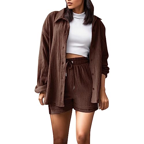 Casual Outfit Damen, Zweiteiler Damen Sommer Outfits Musselin Bluse und Shorts, Aesthetic 2 Teiler Lounge Set Elegant Baumwolle Sportanzug Oversize Hosenanzug Langarm Hausanzug Y2K Clothes Casual Outfit Damen, Zweiteiler Damen Sommer Outfits Musselin Bluse und Shorts, Aesthetic 2 Teiler Lounge Set Elegant Baumwolle Sportanzug Oversize Hosenanzug Langarm Hausanzug Y2K Clothes von Sunnyuk