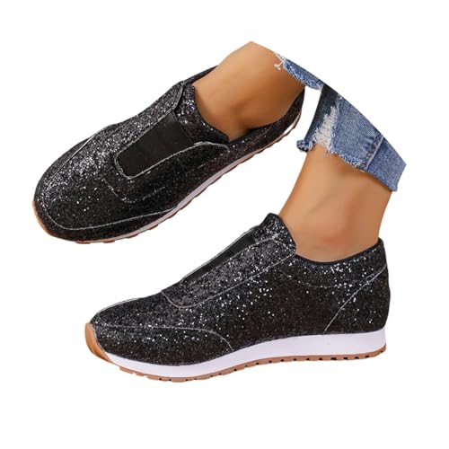 Die Discounter, Glitzer Schuhe Damen Flache Low Sneaker Karneval Pailletten Schuhe - Atmungsaktiv Silber Turnschuhe Party Outdoor Sportschuhe Laufschuhe Klettverschluss Schnürsenkel von Sunnyuk