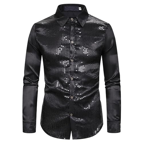 Disco Hemd Herren, Glitzerhemd Herren Langarm Disco Regular Fit Silvester Outfit Glitzer Hemd 70er Oberteile Party Pailletten Freizeithemd Knopfleiste Karneval Kostüm Trachtenhemd von Sunnyuk