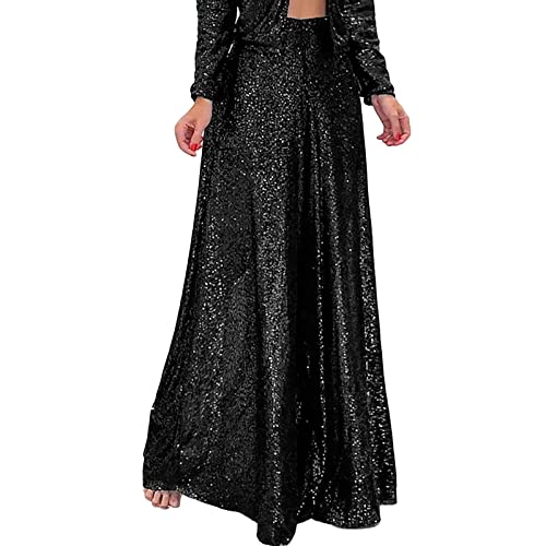 Disco Outfit Damen, Pailettenhose Damen Schwarz Palazzo Hohe Taille Pailletten Hose Festliche Lang Glitzerhose Schlaghose Party Elastische Glitzer Freizeithose Breite Bein Rave Hosen von Sunnyuk