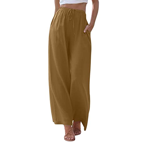 EIN Euro Artikel, Leinenhose Damen Sommer Leicht Lang Sommerhose Lockere Weite Hose Freizeithose Casual Leinen Stoffhose Palazzo Hose Elegant Strandhose Hohe Taille mit Tunnelzug und Taschen von Sunnyuk