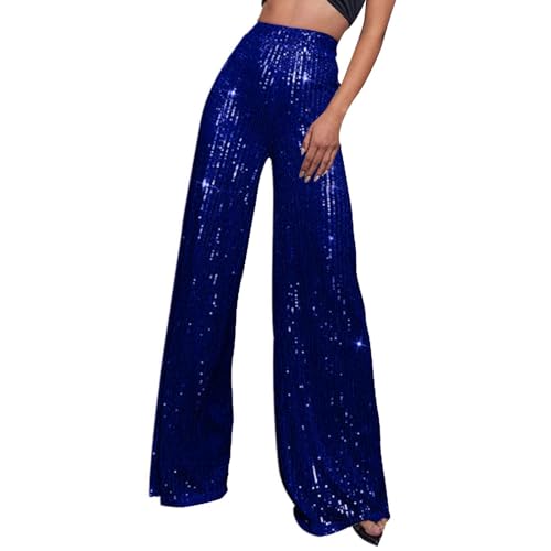 Festliche Damenhosen, Pailletten Hose Damen Lang Breite Bein Glitzerhose Pailettenhose Festliche Hohe Taille Freizeithose Party Silber Glitzer Hosen Palazzo Disco Schlaghose von Sunnyuk