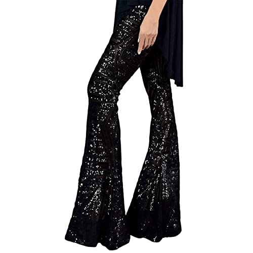 Festliche Damenhosen, Pailletten Hose Damen Lang Party Glitzer Hohe Taille Breite Bein Glitzerhose Schlaghose Palazzo Elastische Pailettenhose Hosen Festliche Silvester Freizeithose von Sunnyuk