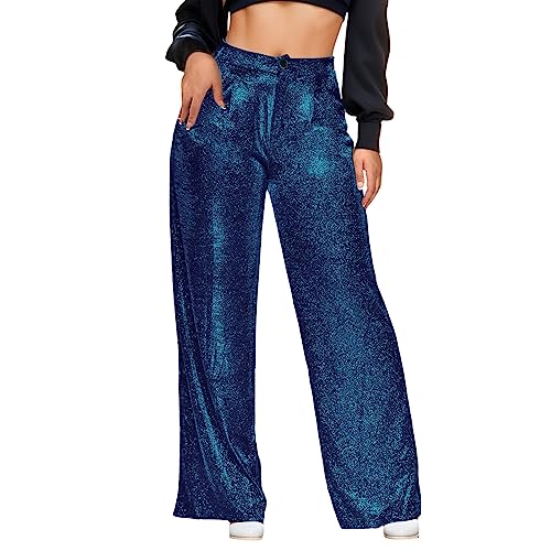 Festliche Hosen Damen, Glitzer Hose Damen Lang Festliche Pailettenhose Palazzo Party Pailletten Freizeithose Hohe Taille Silber Glitzerhose Schlaghose Breite Bein Rave Hosen von Sunnyuk