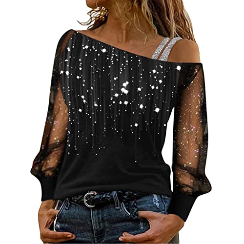 Glitzer Bluse Damen Party, Festliche Oberteile Damen Glitzer Langarm Elegant Glitzer Oberteile Glitzer Bluse Schulterfrei Sexy Pailletten Oberteil Silvester Outfit Mesh Langarmshirt von Sunnyuk