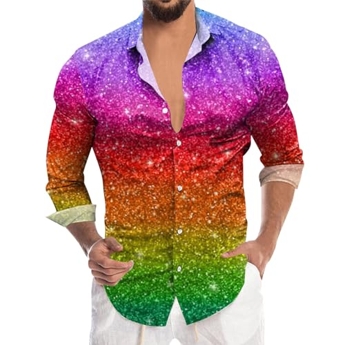 Glitzer Hemd Herren Silber, Glitzer Hemd Herren Langarm 70er Glitzerhemd Disco Regular Fit Silvester Shirt Pailletten Party Karneval Kostüm Freizeithemd Knopfleiste Outfit Bunt von Sunnyuk