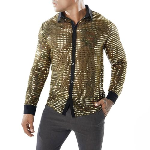 Glitzer Hemd Herren rot, Glitzerhemd Herren 70er Jahre Regular Fit Karneval Kostüm Silvester Outfit Disco Langarm Hemd Shirt Pailletten Party Glitzer Freizeithemd Knopfleiste Trachtenhemd von Sunnyuk