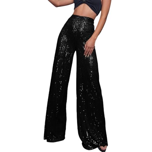 Glitzer Hose Damen Silber, Pailettenhose Damen Schwarz Breite Bein Festliche Glitzerhose Party Palazzo Pailletten Hose Hosen Lang Elastische Glitzer Schlaghose Hohe Taille Silvester Freizeithose von Sunnyuk