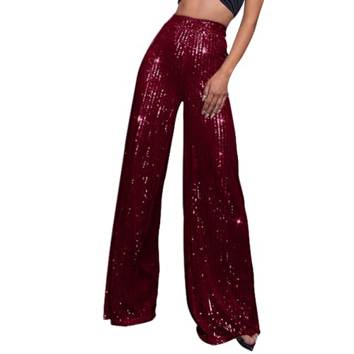 Glitzer Hose Damen high Waist, Pailletten Hose Damen Schwarz Festliche Hohe Taille Glitzer Lang Palazzo Glitzerhose Freizeithose Party Silber Pailettenhose Schlaghose Breite Bein Disco Hosen von Sunnyuk