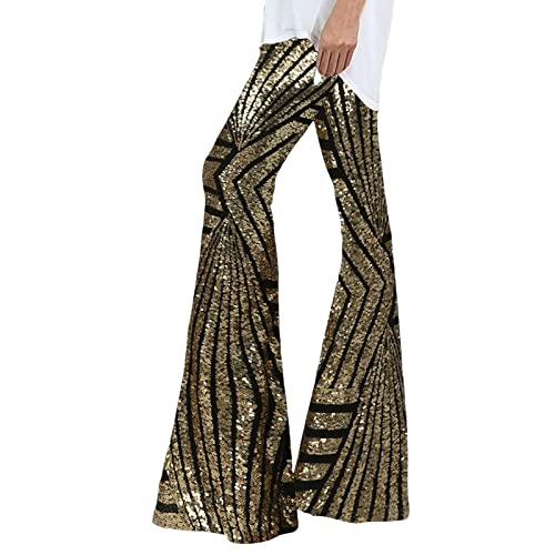 Glitzer Hose Damen lang, Pailletten Hose Damen Lang Breite Bein Hohe Taille Pailettenhose Festliche Palazzo Glitzer Freizeithose Elastische Glitzerhose Hosen Party Rave Schlaghose von Sunnyuk