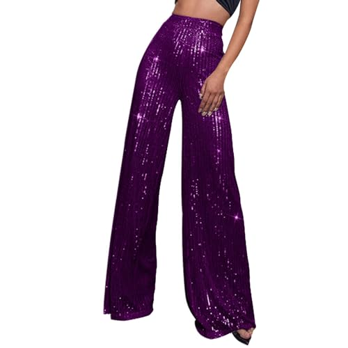 Glitzer Hose Damen lang, Pailletten Hose Damen Schwarz Festliche Hohe Taille Glitzer Lang Palazzo Glitzerhose Freizeithose Party Silber Pailettenhose Schlaghose Breite Bein Disco Hosen von Sunnyuk