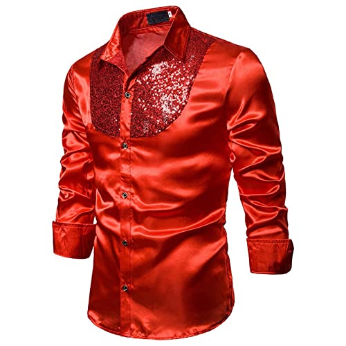 Glitzer Outfit Herren Gold, Glitzer Hemd Herren Langarm Regular Fit 70er Silvester Outfit Glitzerhemd Disco Oberteile Pailletten Party Karneval Kostüm Freizeithemd Knopfleiste Trachtenhemd von Sunnyuk