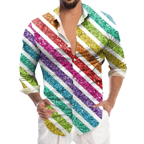 Glitzer Outfit Herren Gold, Silvester Outfit Herren Glitzer Hemd Langarm Regular Fit Glitzerhemd 70er Disco Karneval Kostüm Oberteile Pailletten Party Trachtenhemd Knopfleiste Freizeithemd von Sunnyuk