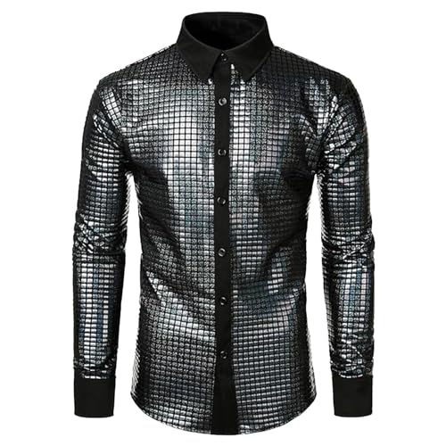 Glitzer Shirt, 70er Jahre Outfit Herren Hemd Regular Fit Langarm Karneval Kostüm Silvester Disco Glitzer Oberteile Party Pailletten Trachtenhemd Knopfleiste Glitzerhemd Freizeithemd von Sunnyuk