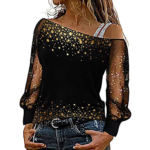 Glitzer Shirt Damen Party, Party Oberteil Damen Glitzer Elegant Langarm Glitzer Oberteile Glitzer Bluse Sexy Schulterfrei Party Oberteil Langarmshirt Mesh Glitzer Shirt von Sunnyuk