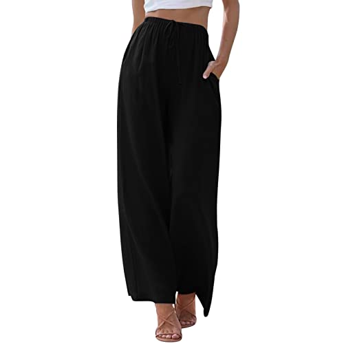 Hose Damen elegant, Leinenhose Damen Sommer Leicht Lang Sommerhose Lockere Weite Hose Freizeithose Casual Leinen Stoffhose Palazzo Hose Elegant Strandhose Hohe Taille mit Tunnelzug und Taschen von Sunnyuk