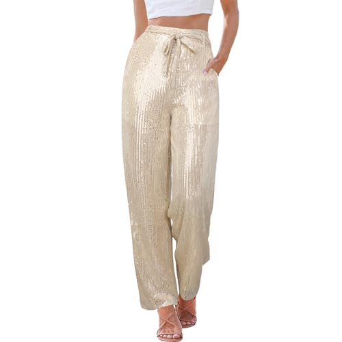 Hose Damen elegant festlich, Pailletten Hose Damen Lang Breite Bein Palazzo Pailettenhose Glitzerhose Hohe Taille Glitzer Schlaghose Party Elastische Hosen Festliche Disco Freizeithose von Sunnyuk