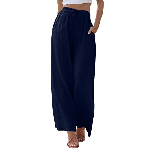 Hose Damen high Waist, Leinenhose Damen Sommer Leicht Lang Sommerhose Lockere Weite Hose Freizeithose Casual Leinen Stoffhose Palazzo Hose Elegant Strandhose Hohe Taille mit Tunnelzug und Taschen von Sunnyuk