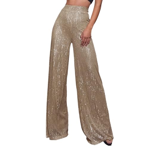 Hose festlich Damen, Glitzer Hose Damen Schwarz Palazzo Hohe Taille Pailettenhose Party Breite Bein Pailletten Schlaghose Festliche Elastische Glitzerhose Hosen Lang Silvester Freizeithose von Sunnyuk