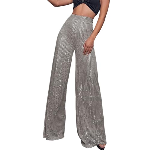 Hose mit Pailletten Silber, Glitzer Hose Damen Lang Festliche Pailletten Breite Bein Party Glitzerhose Freizeithose Hohe Taille Einfarbig Pailettenhose Schlaghose Palazzo Silvester Hosen von Sunnyuk