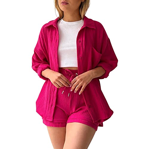 Hosenanzug Damen elegant 2 teiler, Zweiteiler Damen Sommer Outfits Musselin Bluse und Shorts, Aesthetic 2 Teiler Lounge Set Elegant Baumwolle Sportanzug Oversize Hosenanzug Langarm Hausanzug Hosenanzug Damen elegant 2 teiler, Zweiteiler Damen Sommer Outfits Musselin Bluse und Shorts, Aesthetic 2 Teiler Lounge Set Elegant Baumwolle Sportanzug Oversize Hosenanzug Langarm Hausanzug von Sunnyuk