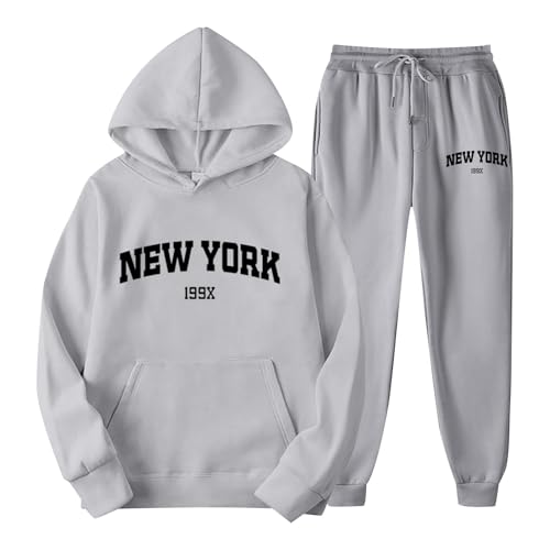 Jogginganzug Damen Set grau, Jogginganzug Damen Set Herren Trainingsanzug Winter Baggy Buchstaben Druck Zweiteiler mit Kapuze Oversize Streatwear Hausanzug 2-Teilig Kuschelig Sportanzug Unisex von Sunnyuk