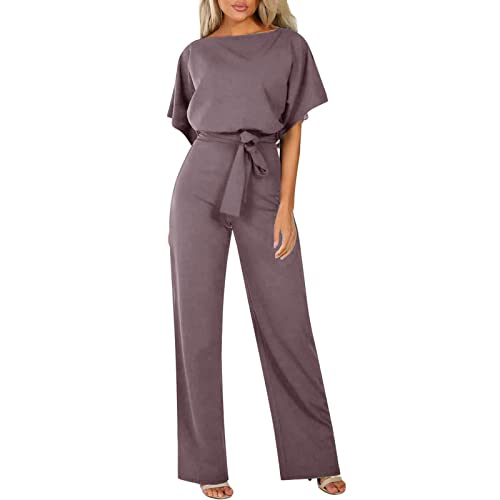 Jumpsuit Damen Lang Hochzeit Overall Hosenkleid Festlich Kurzarm Hosenanzug Damen Sommer Elegant Einteiler Kleidung mit Gürtel Weites Bein Romper Abendanzug Rundhalsausschnitt Große Größen Playsuits von Sunnyuk