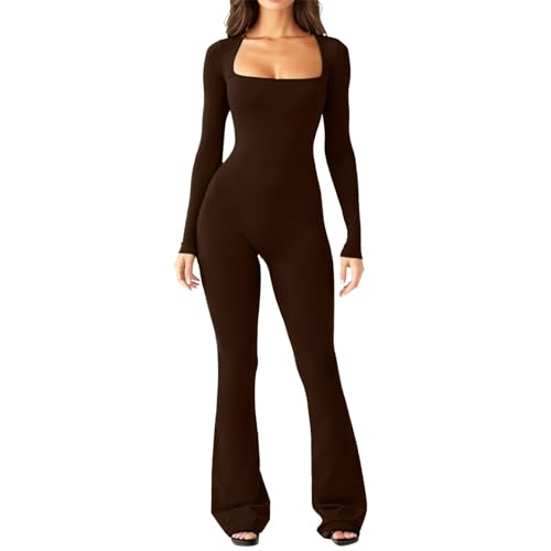 Jumpsuit Damen Langarm, Jumpsuits für Damen Eng Sexy Langarm Quadratischer Ausschnitt Einteiler Sport Lang Overall Fitness Schlaghose Playsuit Yoga Workout Ganzkörperanzug Slim Fit Gymnastikanzug von Sunnyuk