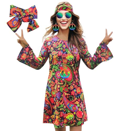 Karneval Kostüm Damen Hippie Kleid, 70er Jahre Outfit Damen Kleid, Hippie Kostüm Damen Kleid, Flower Power Kleidung Damen, Disco Outfit Damen, Kostüm Damen Fasching, Kostüm 70er Jahre Damen, von Sunnyuk