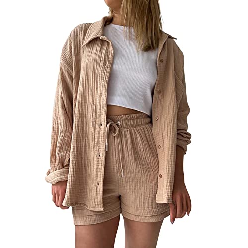 Linen Set Women, Zweiteiler Damen Sommer Outfits Musselin Bluse und Shorts, Aesthetic 2 Teiler Lounge Set Elegant Baumwolle Sportanzug Oversize Hosenanzug Langarm Hausanzug Y2K Clothes von Sunnyuk