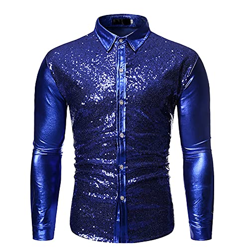 Mein Warenkorb Anzeigen, Glitzer Hemd Herren Langarm Regular Fit Disco Silvester Outfit 70er Glitzerhemd Shirt Pailletten Party Trachtenhemd Knopfleiste Karneval Kostüm Freizeithemd von Sunnyuk