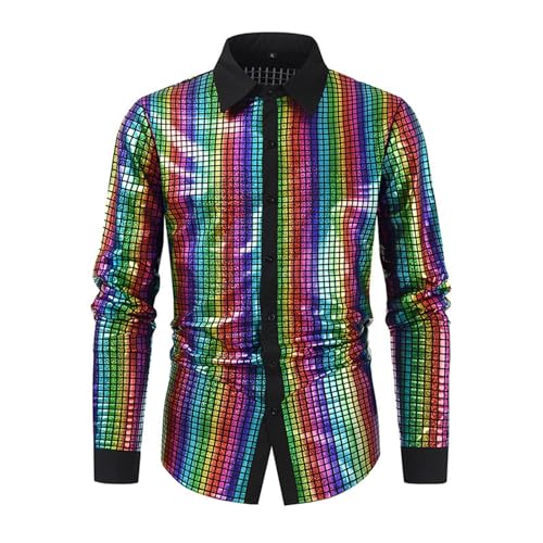 Mein Warenkorb Anzeigen, Glitzerhemd Herren XL Disco 70er Karneval Kostüm Langarm Regular Fit Glitzer Hemd Oberteile Pailletten Party Silvester Freizeithemd Knopfleiste Outfit Trachtenhemd von Sunnyuk