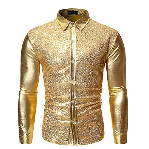 Meine Bestellung Bei, Glitzer Hemd Herren Langarm Regular Fit Disco Silvester Outfit 70er Glitzerhemd Shirt Pailletten Party Trachtenhemd Knopfleiste Karneval Kostüm Freizeithemd von Sunnyuk