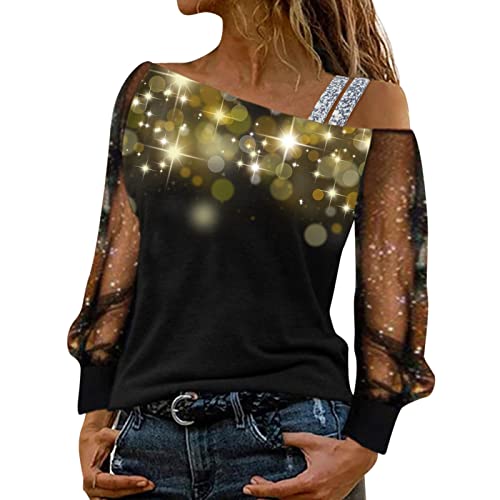 Meine Bestellungen, Party Oberteil Damen Glitzer Schulterfrei Langarm Pailletten Oberteil Glitzer Bluse Sexy Elegant Party Oberteil Langarmshirt Mesh Glitzer Shirt von Sunnyuk