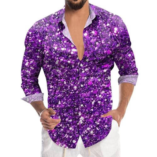 Meine Bestellungen Anzeigen 2024, Silvester Outfit Herren Glitzer Hemd 70er Regular Fit Glitzerhemd Langarm Disco Karneval Kostüm Oberteile Pailletten Party Freizeithemd Knopfleiste Trachtenhemd von Sunnyuk