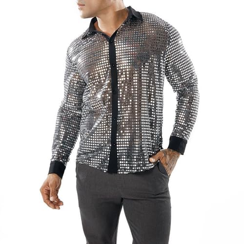 Meine Bestellungen Bei, Glitzerhemd Herren 70er Jahre Regular Fit Karneval Kostüm Silvester Outfit Disco Langarm Hemd Shirt Pailletten Party Glitzer Freizeithemd Knopfleiste Trachtenhemd von Sunnyuk