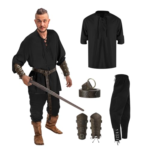 Mittelalter Kleidung Herren Set, Wikinger Kleidung Mittelalter Kostüm Renaissance Kostüm Set mit Leinenhemd Mittelalterliches Piratenhemd Mittelalter Hose mit Gürtel, Handgelenkschützer Zubehör von Sunnyuk