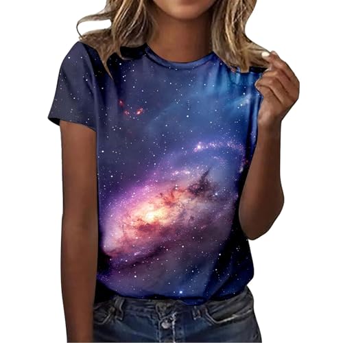 Oberteil Party Damen, Galaxie Tshirt Damen 3D Sternenhimmel Drucken T-Shirt Bluse Kurzarm Rundhals Glitzer Shirt Tops Oversized Sommer Schicke Shirts Oberteile Mädchen Karnevalskostüme von Sunnyuk