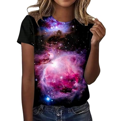 Oversize Shirt Damen, Galaxie Tshirt Damen 3D Sternenhimmel Drucken T-Shirt Bluse Kurzarm Rundhals Glitzer Shirt Tops Oversized Sommer Schicke Shirts Oberteile Mädchen Karnevalskostüme von Sunnyuk