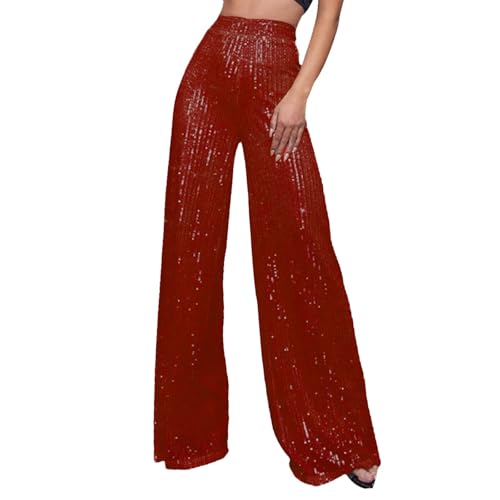 Pailetten Hose, Pailletten Hose Damen Lang Breite Bein Glitzerhose Pailettenhose Festliche Hohe Taille Freizeithose Party Silber Glitzer Hosen Palazzo Disco Schlaghose von Sunnyuk